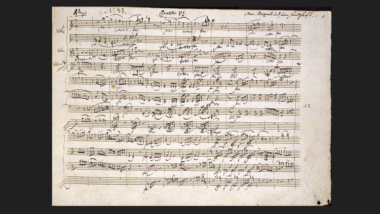 Partitura manuscrita original del primer movimiento del Cuarteto de cuerdas n.&ordm; 19 en do mayor de Wolfgang Amadeus Mozart, tambi&eacute;n conocido como "Las disonancias".