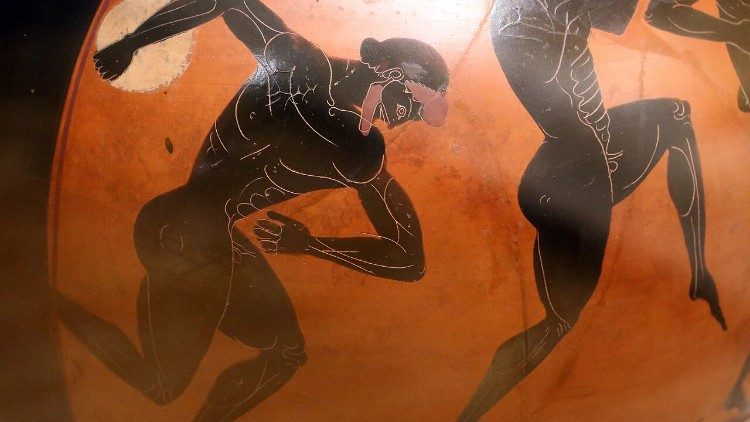 Anfora panatenaica a figure nere come premio del pentathlon, attica 530 a.C. ca., raffigurante un discobolo. Rijksmuseum van Oudheden, Leiden