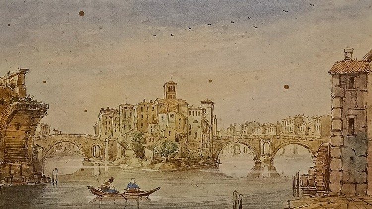 Anonimo del XIX secolo, Veduta del fiume Tevere a Roma con l'Isola Tiberina al centro, il Ponte Cestio (a sinistra) e il Ponte Fabrizio (a destra), 1800 circa, Acquerello e china su carta.