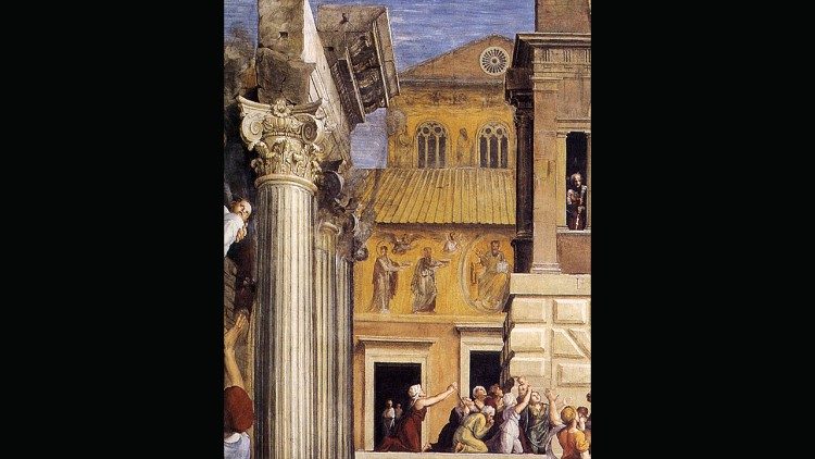 Raffaello Sanzio, Incendio di Borgo (Particolare con l'antica basilica di San Pietro), 1514, affresco, base totale dell'affresco circa 670 cm, Citt&agrave; del Vaticano, Musei Vaticani, Stanza dell'Incendio di Borgo.