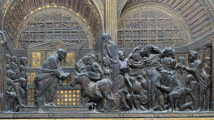 Donatello (Donato di Niccol&ograve; di Betto Bardi), Miracolo della mula, 1446-1448, Bronzo con dorature, 57 &times; 123 cm, Padova, Basilica di Sant'Antonio, Altare Maggiore