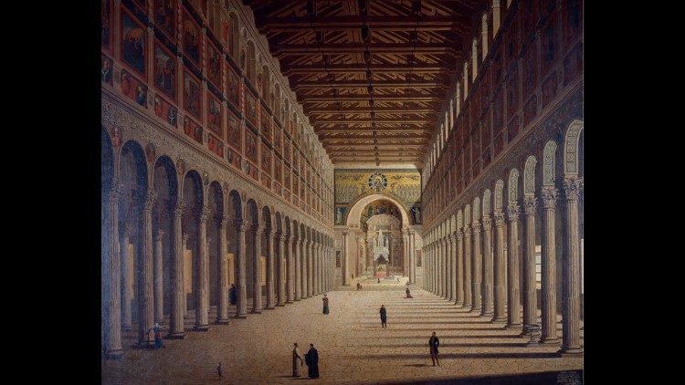 Filippo Bombelli, Interno della basilica di San Paolo fuori le Mura nella sua forma antica prima dell’incendio del 1823, 1834, olio su tela, Citt&agrave; del Vaticano, Musei Vaticani. Foto &copy; Governatorato SCV, Direzione dei Musei e dei Beni Culturali