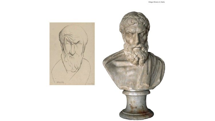 Diego Rivera, Testa di Epicuro, 1920 (facsimile in mostra), Philadelphia Museum of Art; Busto di Epicuro, copia romana del II sec. d.C. da originale greco del III sec. a.C., Musei Capitolini, Roma.