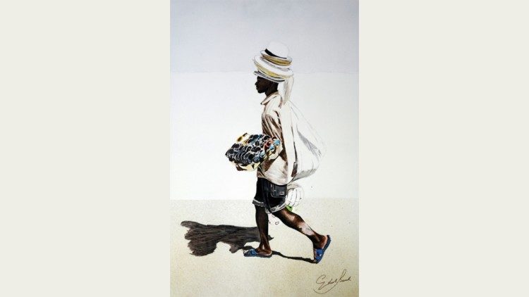 "Venditore di cappelli e occhiali", tecnica mista su tela, 2015. Fonte: ufficio stampa Palazzo delle Esposizioni