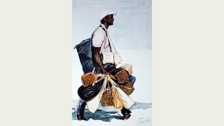  "Venditore di borse", tecnica mista su tela, 2015. Fonte: ufficio stampa Palazzo delle Esposizioni