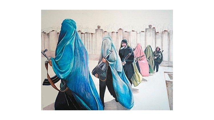 "Donne velate nel cortile", tecnica mista su tela, 2022. Fonte: ufficio stampa Palazzo delle Esposizioni