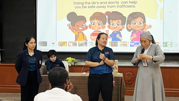 Sr. Marie-Agnes Suwanna Buasap, SPC (right), presents Talitha Kum Thailand’s education-based anti-trafficking program during the 6th International Edition of the Talitha Kum Leadership Training Course in Samphran, Thailand. An alumna of the inaugural 2018 leadership course in Rome, she highlighted a prevention model that integrates anti-trafficking education into school curricula from kindergarten through high school. (Photo: Sr. Marie-Agnes Buasap, SPC)