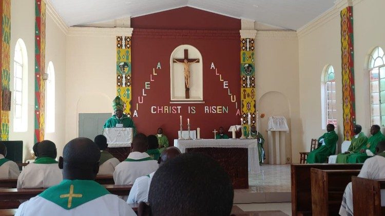 Priests of Solwezi Diocese during their retreat with Bishop Msipu