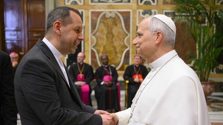 Зустріч о. Луки Бовіо з Папою Левом XIV під час аудієнції 1 червня 2026 р. 