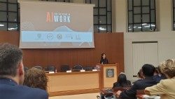 Sister Raffaella Petrini delivers the keynote address at the 'AI and Future of Work' high-level discussion at Rome's Pontifical Gregorian University