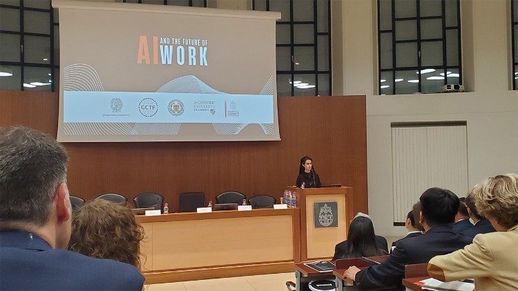 Sister Raffaella Petrini delivers the keynote address at the 'AI and Future of Work' high-level discussion at Rome's Pontifical Gregorian University