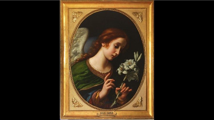 Carlo Dolci, Angelo annunziante (1650 ca.), olio su tela, cm 83 x 66 x 6,5 (con cornice),  Firenze, Galleria degli Uffizi. 