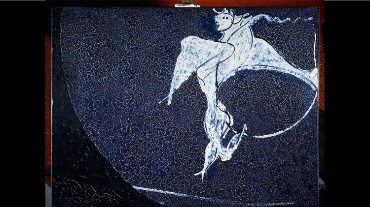 Osvaldo Licini, Angelo ribelle su fondo blu cupo (1951/52), olio su masonite,  93X125 cm, Milano, collezione privata 