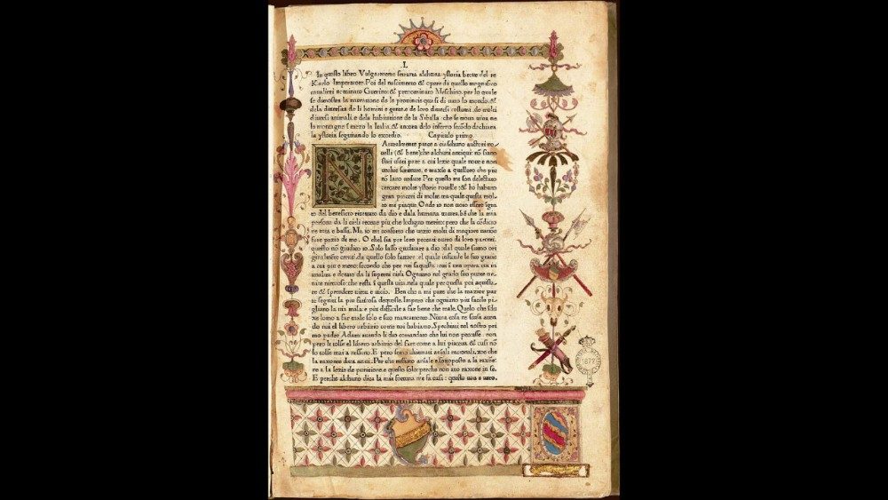 ncipit del Guerrin Meschino (Padova, 1477). Pagina d'apertura del romanzo di Andrea da Barberino con iniziale miniata e fregio, stampata da B. de Valdezoccho. Milano, Biblioteca BEIC.