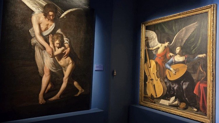 Giovanni Antonio Galli, detto Lo Spadarino, L’Angelo custode (1618), Chiesa di San Rufo, Rieti; Carlo Saraceni, Santa Cecilia e l’angelo (1610 ca.), Gallerie Nazionali di Arte Antica – Palazzo Barberini, Roma. Foto di MMM.