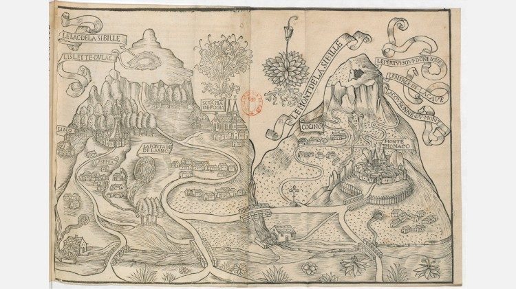Antoine de la Sale, Mappa del Monte Sibilla e del Lago di Pilato (inserita nel testo Le Paradis de la reine Sibylle), 1440 ca. disegno a inchiostro su carta / pergamena. Chantilly, Mus&eacute;e Cond&eacute; (Biblioth&egrave;que du Ch&acirc;teau), Manoscritto 653 (924)