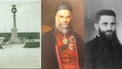 El monumento a los mártires de Santander, el patriarca maronita Elías Hoyek y Costantino Vendrame, misionero salesiano en la India