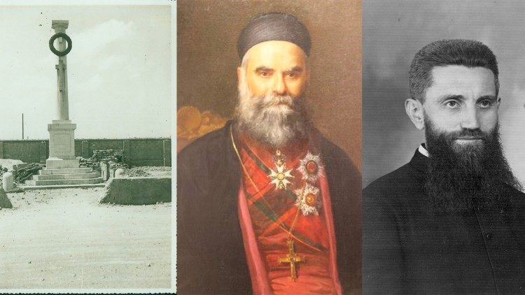 El monumento a los mártires de Santander, el patriarca maronita Elías Hoyek y Costantino Vendrame, misionero salesiano en la India