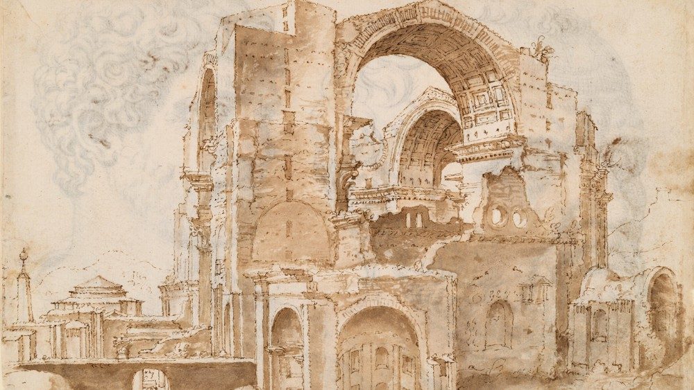 Maarten van Heemskerck (1498–1574): Eine Zeichnung aus der Baustelle von Sankt Peter. Die großen Vierungsbögen von Bramante stehen inmitten der Reste der alten Basilika, es sieht aus wie eine Ruine