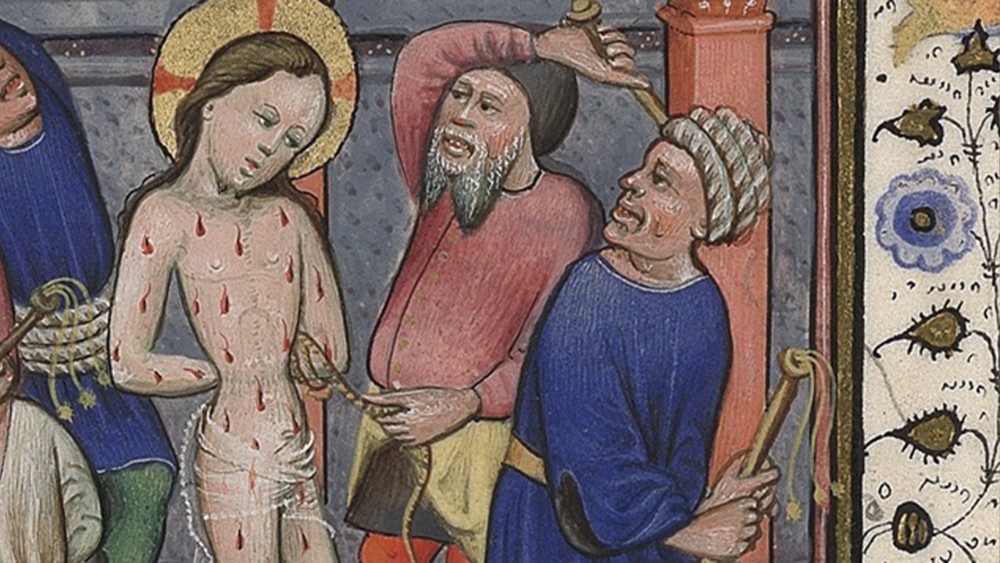 La flagelación, Libro de Horas, Biblioteca Apostólica Vaticana, oct. 2919, Flandes, siglo XV (187 x 134 mm) - detalle 