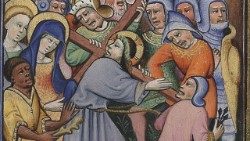 Subida al Calvario, Libro de horas, Biblioteca Apostólica Vaticana, Ott. lat. 2919, Flandes, siglo XV (187 x 134 mm; ff. 299), f. 22v © Biblioteca Apostólica Vaticana