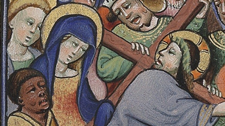  – Subida al Calvario, Libro de horas de la Biblioteca Apost&oacute;lica Vaticana, Ott. lat. 2919, Flandes, s. XV (187 x 134 mm; ff. 299), f. 22v (detalle) &copy; Biblioteca Apost&oacute;lica Vaticana