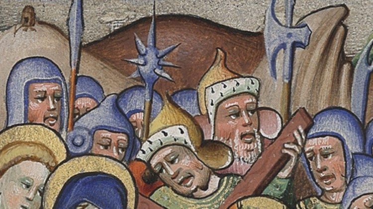 Subida al Calvario, Libro de horas de la Biblioteca Apost&oacute;lica Vaticana, Ott. lat. 2919, Flandes, siglo XV (187 x 134 mm; ff. 299), f. 22v (detalle)