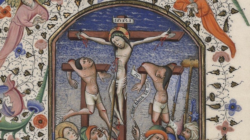 Crocifissione, Libro d’ore Biblioteca Apostolica Vaticana, Ott. lat. 2919 Fiandre, sec. XV, f.25v © Biblioteca Apostolica Vaticana