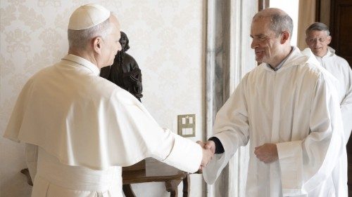 Pope Leo XIV greets Brother Matthew at a private audience on March 21, 2026