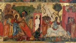 Shkollë sllavo-maqedonase. Ikona e 12 festave (Dodekaorton), Ringjallja e Lazrit dhe hyrja e Krishtit në Jerusalem, shek. XVI?, tempera mbi dru arre, cm 57 x 40,5, Pinakoteka e Vatikanit (©Musei Vaticani)