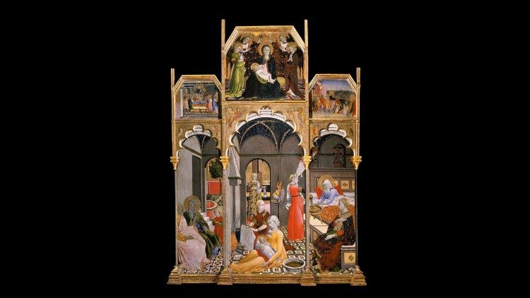 Maestro dell'Osservanza (Sano di Pietro?), "Nativit&agrave; della Vergine", 1437–1439 circa, tempera, oro e argento su tavola, 220 &times; 162 cm., Asciano (Siena), Museo Civico Archeologico e d'Arte Sacra - Palazzo Corboli..