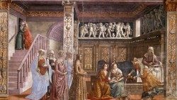 Domenico Ghirlandaio, Nascita della Vergine, 1486–1490 circa, affresco, 245 × 469 cm, Cappella Tornabuoni, Basilica di Santa Maria Novella, Firenze
