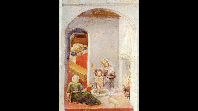 Gentile da Fabriano, Nascita di san Nicola, 1425, tempera su tavola, 36,5 x 36,5 cm, da scomparto della predella del Polittico Quaratesi, Citt&agrave; del Vaticano, Musei Vaticani (Pinacoteca Vaticana)